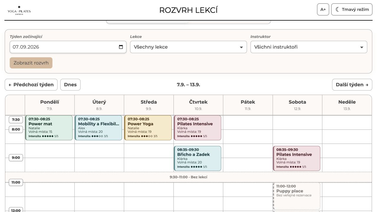 Reálný týdenní rozvrh lekcí Restime bez klientských údajů